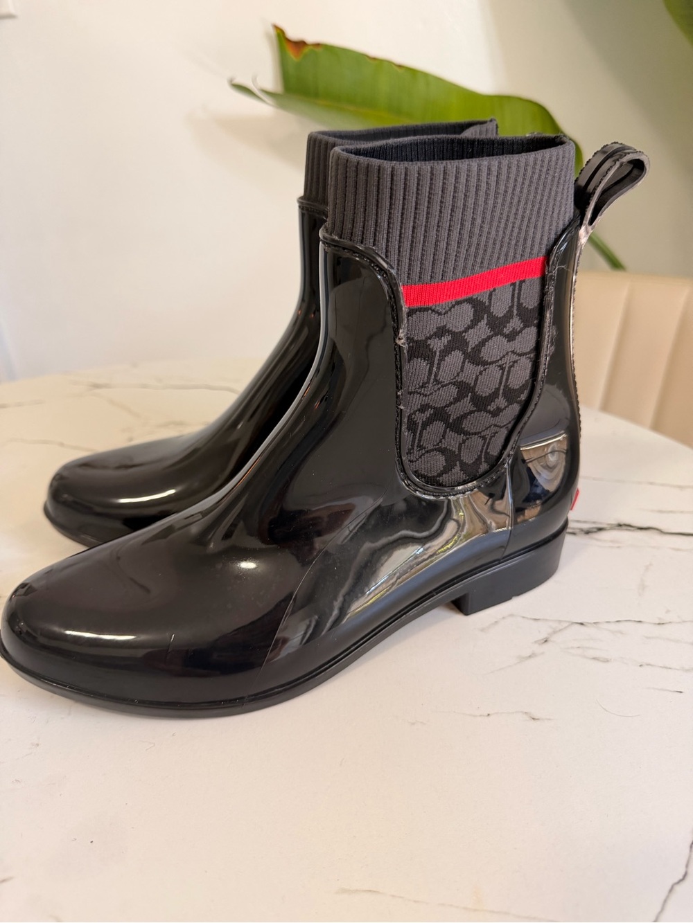 Coach Black Patent Chelsea Rain Booties with Gray Knit Cuff and Red Stripe